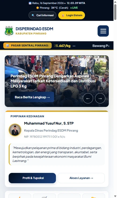 Portal Pelayanan Prima & Pemantauan Komoditas Dinas Perindag ESDM Kabupaten Pinrang - Mobile View