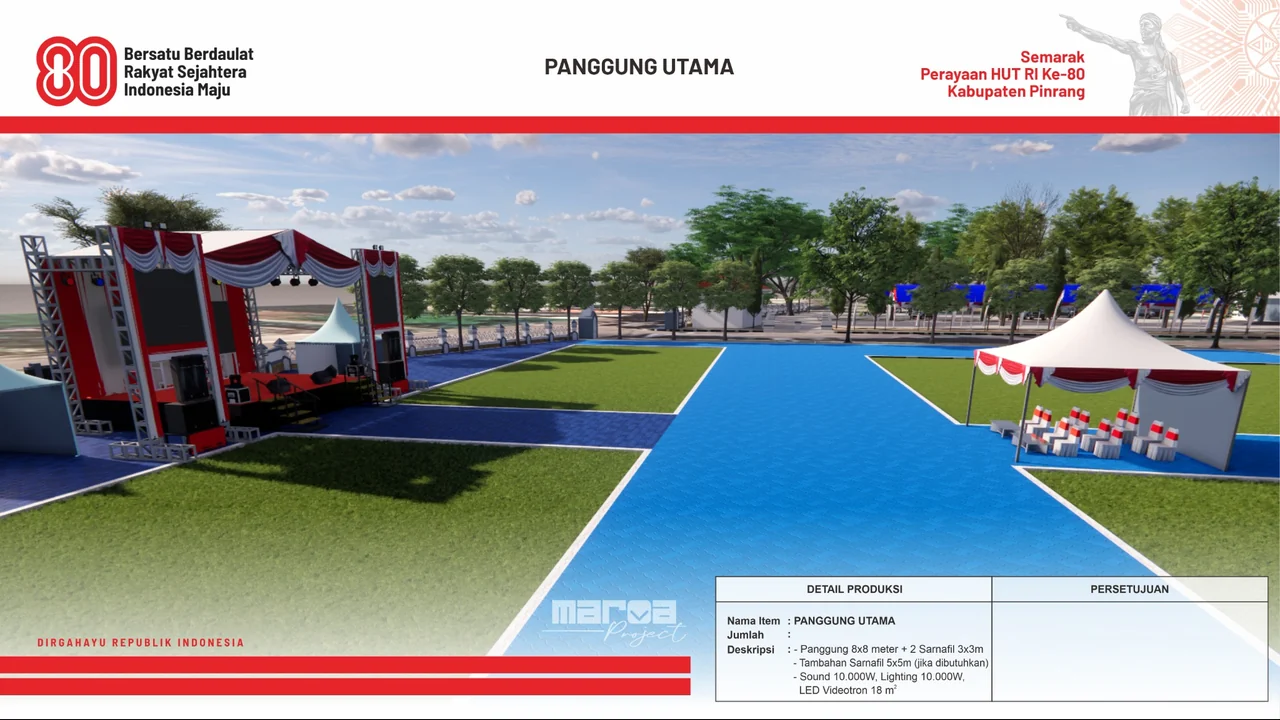 Visualisasi Konsep 3D — Rencana Panggung Utama Upacara Kemerdekaan