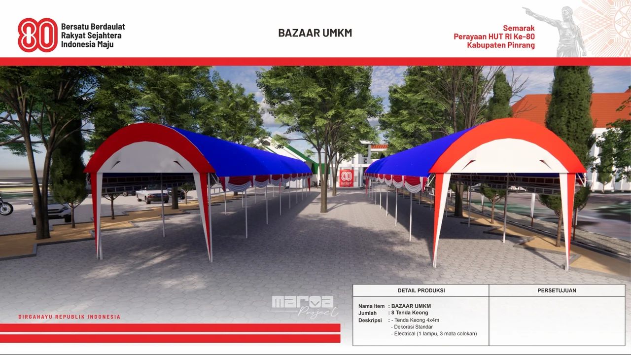 Visualisasi Konsep 3D — Area Tenda Bazar UMKM & Gerak Jalan Warga